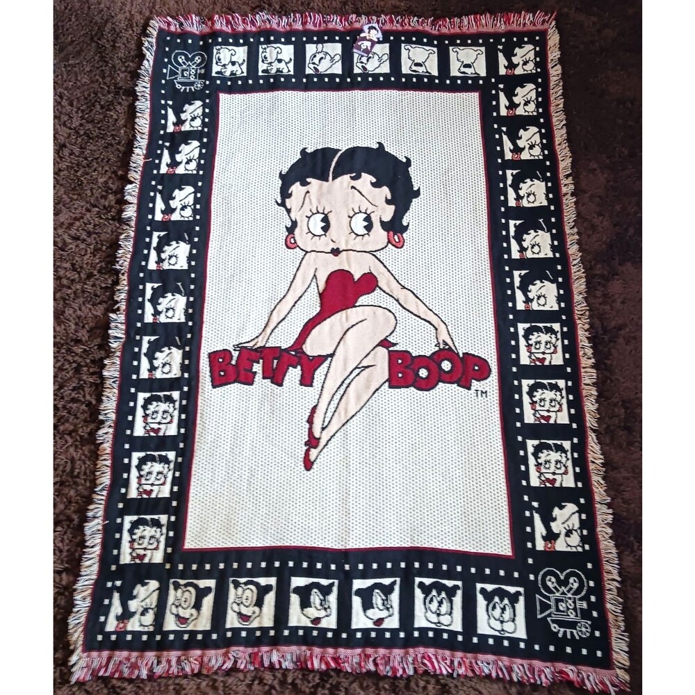 NEW 1994 Betty Boop & Pudgy the Dog Reels Tapestry Throw Blanket White Black Red